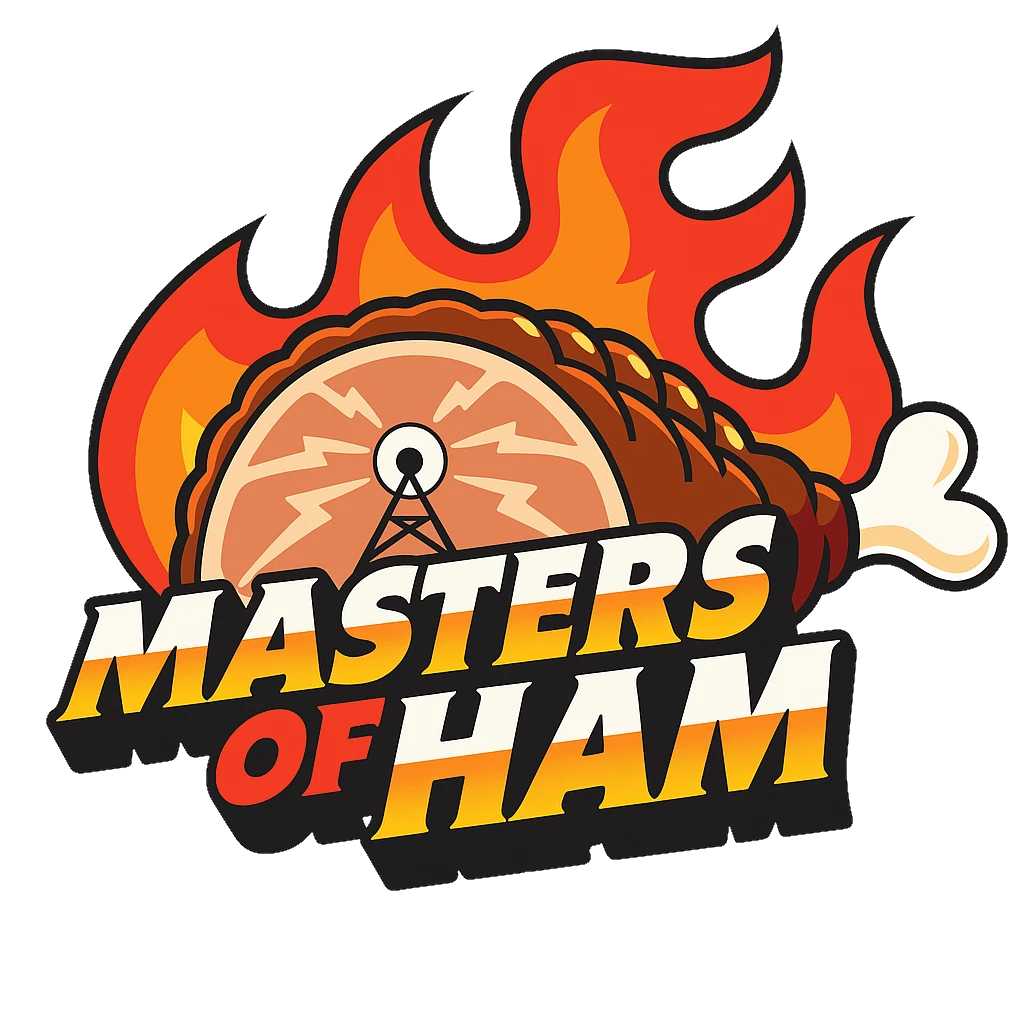 Masters of Ham (logo), the image of a ham leg with an antenna radiating in the middle surrounded by flames with the metal inscription stating 'Masters of Ham'